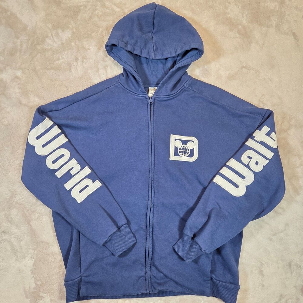 Disney Parks Walt Disney World Hoodie M Blue Full Zip Spellout Est 1971